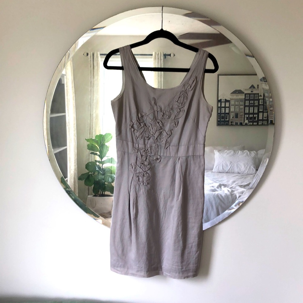 Gray Soft Linen Dress with Beaded Floral Detail
